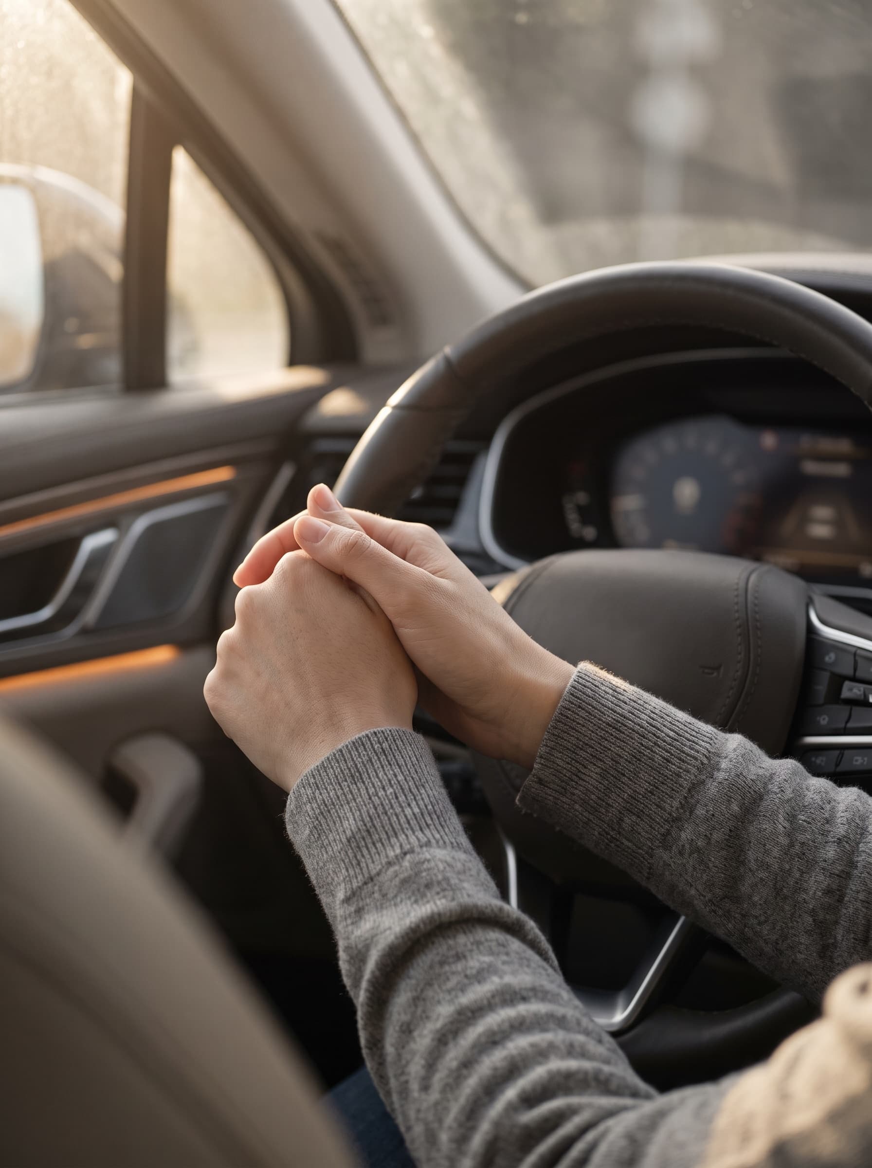 Relaxed hands resting on a steering wheel